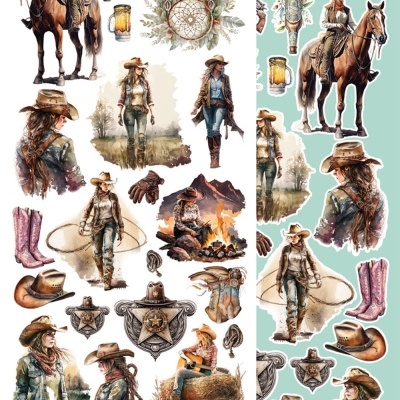 Várias imagens de cowgirls, botas, chapéus, distintivos e elementos do velho oeste no estilo aquarela.