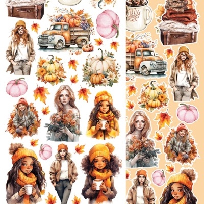 Ilustrações outonais de mulheres, abóboras, folhas e canecas com texto AUTUMN