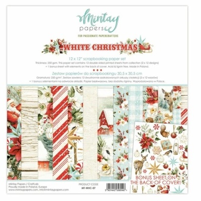 Papel de scrapbook Montag Papers tema White Christmas com vários padrões natalícios