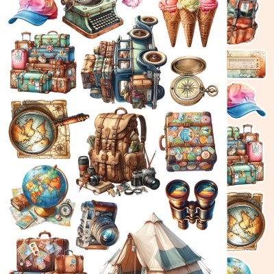 Desenhos aquarelados de equipamentos de viagem e aventura