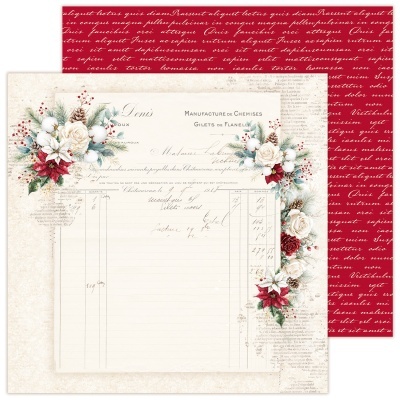 Papel decorativo vintage com flores e texto manuscrito em fundo creme e papel vermelho com texto manuscrito branco.