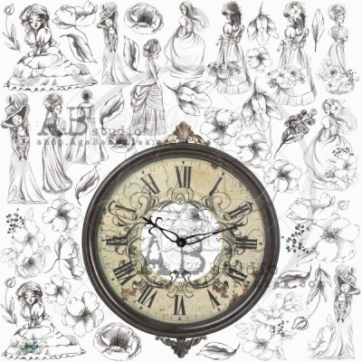 Relógio de parede redondo com números romanos, fundo com desenhos em lápis de mulheres e flores.