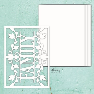 Decorações em papel branco com palavra FAMILY e folhas estilizadas sobre fundo verde claro