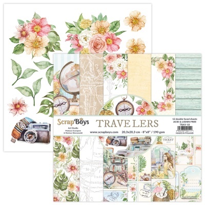 Papel decorativo Scrap Boys TRAVELERS com flores, câmera e bússola em embalagem