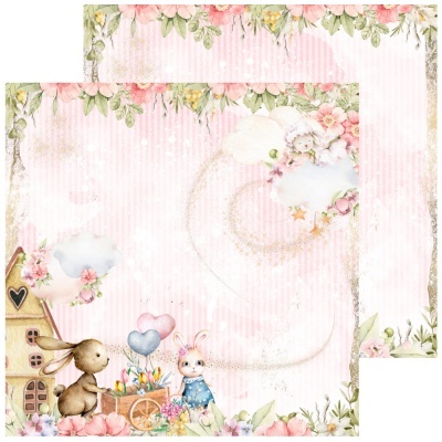 Papel decorativo infantil com coelhinhos, balões e flores em tons rosa e verde