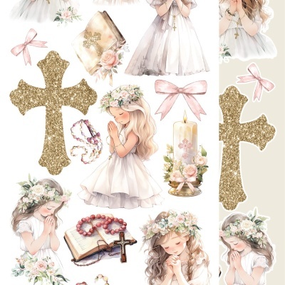 Ilustrações de meninas com coroa de flores, cruzes douradas, terços e vela decorativa num fundo branco.