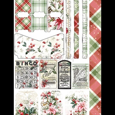 Conjunto de recortes natalícios com padrões florais, frutas vermelhas, números de bingo e fundo xadrez