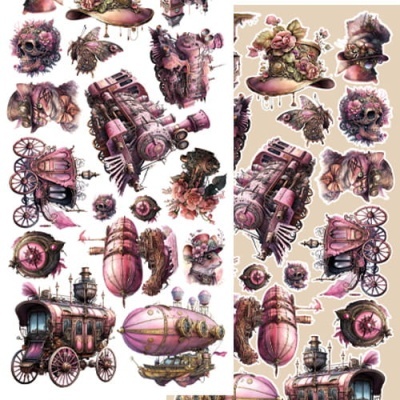 Elementos steampunk para recorte em tons rosa e roxo com chapéus, caveiras e máquinas