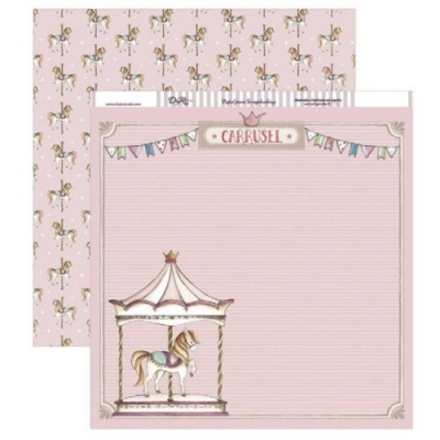Papel decorativo rosa com padrão de cavalos de carrossel e texto CARROUSEL