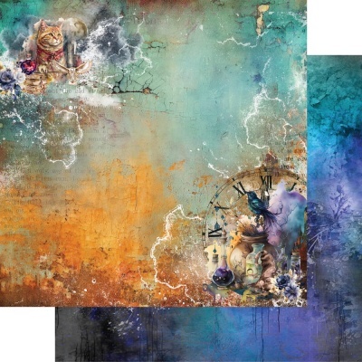 Fundo artístico colorido com relógio, gato e elementos decorativos