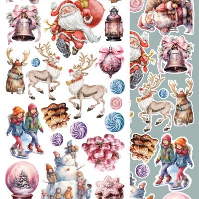 Autocolantes festivos de Natal com Papai Noel, renas, sinos, bolas, bonecos de neve e crianças a patinar.