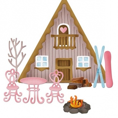 Conjunto de recortes metálicos para chalé de inverno com mobiliário e acessórios