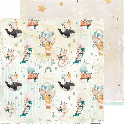 Papel de decoração com padrão de animais, balões e estrelas em tons pastel