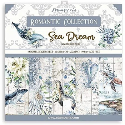 Bloco de scrapbooking Stamperia Romantic Collection Sea Dream com motivos marinhos e florais em azul, branco e bege.