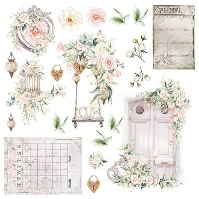 Elementos decorativos florais pastel com calendário e vários objetos vintage