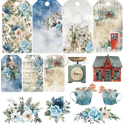 Etiquetas e elementos decorativos com temas florais, casas e objetos vintages em tons azul e bege.