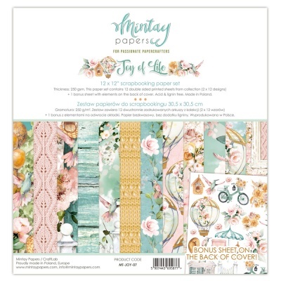 Conjunto de folhas de papel de scrapbook com padrões florais e texturas, embalagem branca com texto