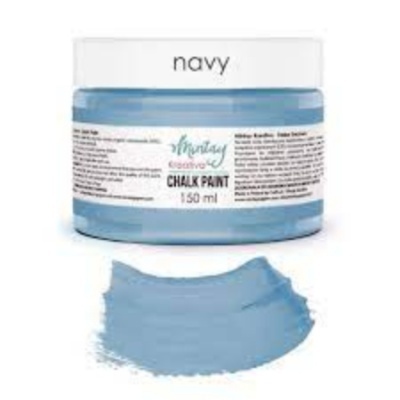 Tinta chalk paint azul navy em frasco com rótulo e amostra da tinta aplicada