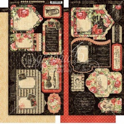 Etiquetas decorativas vintage com rosas vermelhas, fundo preto, bege e vermelho, textos em inglês e desenhos de instrumentos musicais.