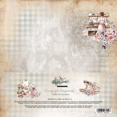 Papel decorativo dupla face com ilustrações vintage de cozinha e flores em padrão xadrez azul claro.