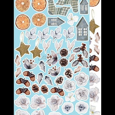 Autocolantes variados com motivos de inverno e natureza, incluindo frutas secas, meias, casinhas, estrelas, folhas, pinhas e flores brancas sobre fundo azul claro.