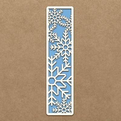 Marcador de livro azul com recortes de flocos de neve brancos