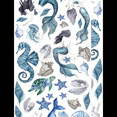 Padrão com sereias, estrelas-do-mar, corais, cavalos-marinhos, tartaruga e baleia em estilo aquarela azul