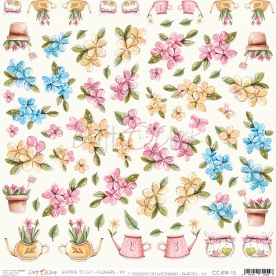 Ilustração de várias flores coloridas, vasos e regadores em estilo aquarela