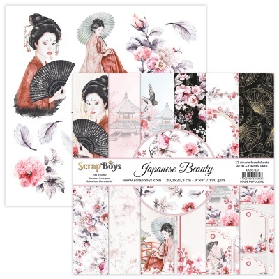 Folhas de papel decorativo com desenhos de mulheres japonesas, flores e pavilhões em cores rosa, preto, branco e dourado