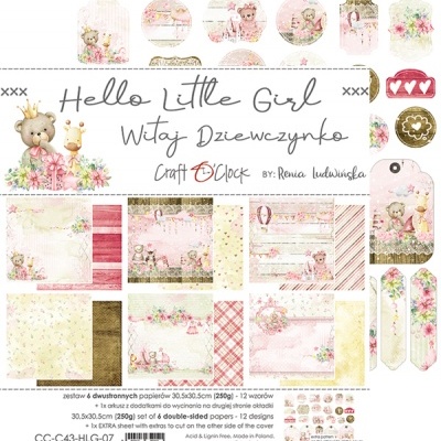Conjunto de papel de scrapbook Hello Little Girl com ursinhos, flores e etiquetas decorativas em tons pastel.