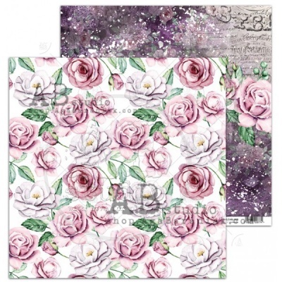 Papel decorativo floral com flores rosas e brancas e verso abstrato roxo.