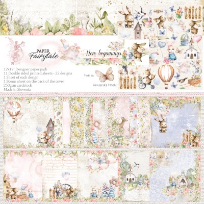 Papel decorativo para scrapbook com desenhos de coelhos, flores e balões em cores suaves