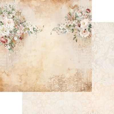 Papel decorativo com flores e padrão ornamental em tons creme e rosa