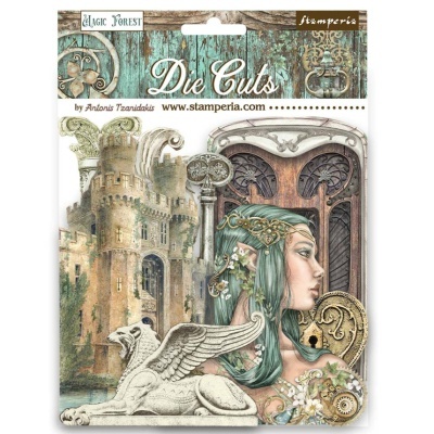 Imagem de produto de recorte com ilustração de castelo, mulher e esfinge em tons pastel