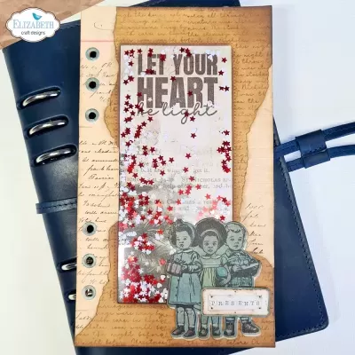 Cartão artesanal com texto inspirador, figuras infantis e confetes vermelhos em estrelas