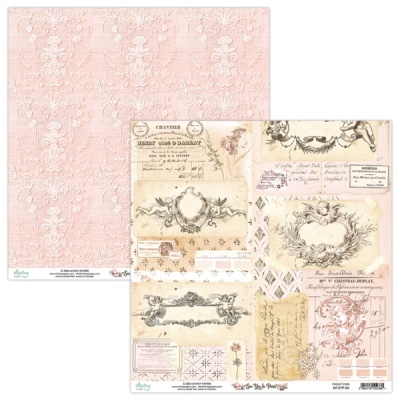 Folha dupla-face para scrapbooking com padrão floral e motivos vintage em pastel e sépia