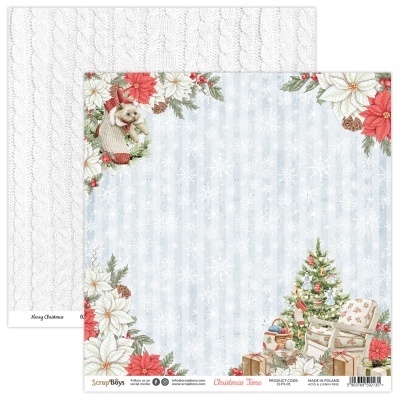 Papel decorativo para scrapbooking com motivos natalícios e cadeiras junto a árvore de Natal