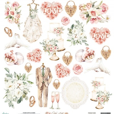 Elementos de casamento variados em estilo aquarela com vestido, fato, bolos, flores, alianças, pombas, corações LOVE e cadeados dourados.