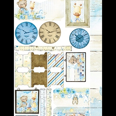 Ilustrações para recorte infantis com ursos, girafas, relógios e etiquetas decorativas em tons azuis e bege