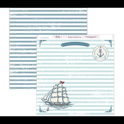 Folhas de papel decorativo com riscas azuis e ilustração de veleiro e âncora