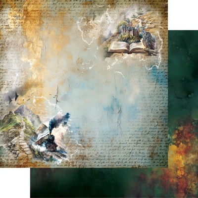 Papel decorativo vintage com trem, castelo e coruja.