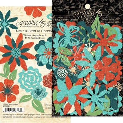 Conjunto de recortes de papel coloridos com flores variadas em azul turquesa, vermelho e bege da marca Graphic 45