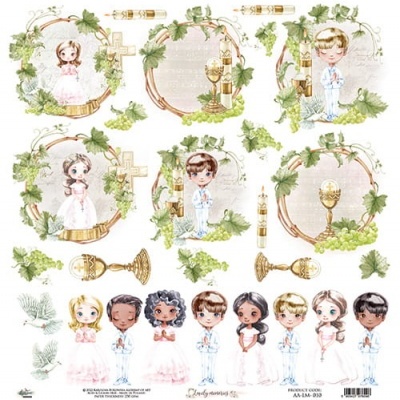 Ilustrações decorativas de comunhão com crianças e símbolos religiosos dourados e verdes.