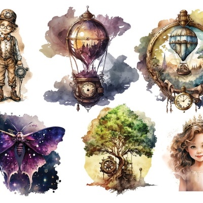 Conjunto de seis ilustrações estilo aquarela com tema vintage e fantasioso.