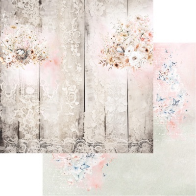 Papel decorativo com flores, madeira branca, rendas e borboletas azuis.