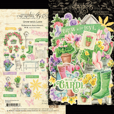 Conjunto de recortes decorativos de jardinagem com flores, botas verdes e texto 'GROW WITH LOVE'