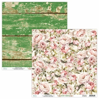 Papel decorativo dupla face com padrão madeira verde envelhecida e padrão floral rosa e verde.