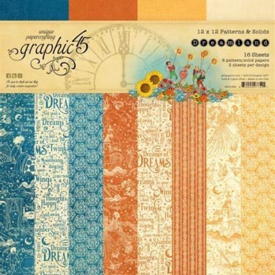 Papel decorativo Graphic 45 Dreamland 12x12 com padrões em azul, laranja e bege