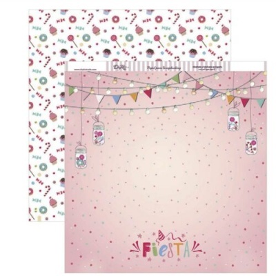 Papel decorativo para festas com padrão rosa e branco com elementos festivos e de chá
