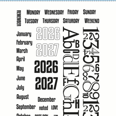 Conjunto de carimbos para calendário com dias da semana, meses, anos, números, letras e palavras adicionais.